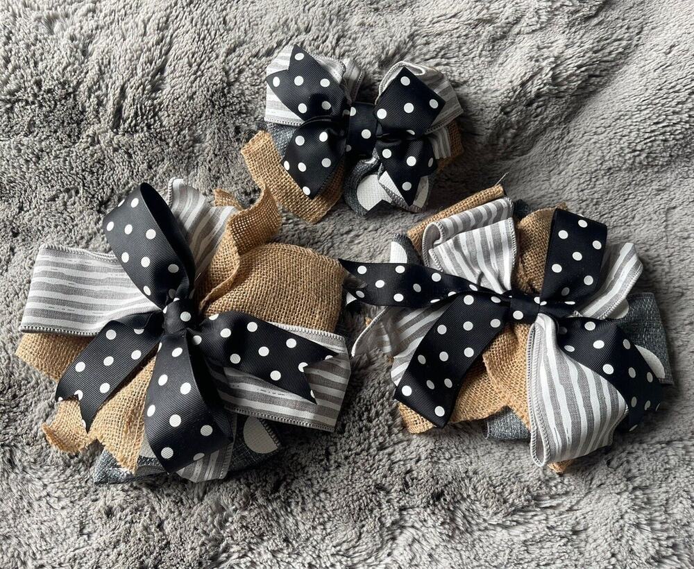 Handmade Wreath Bow Everyday Bow Black & White Gray Lot Of 3 Beautiful New